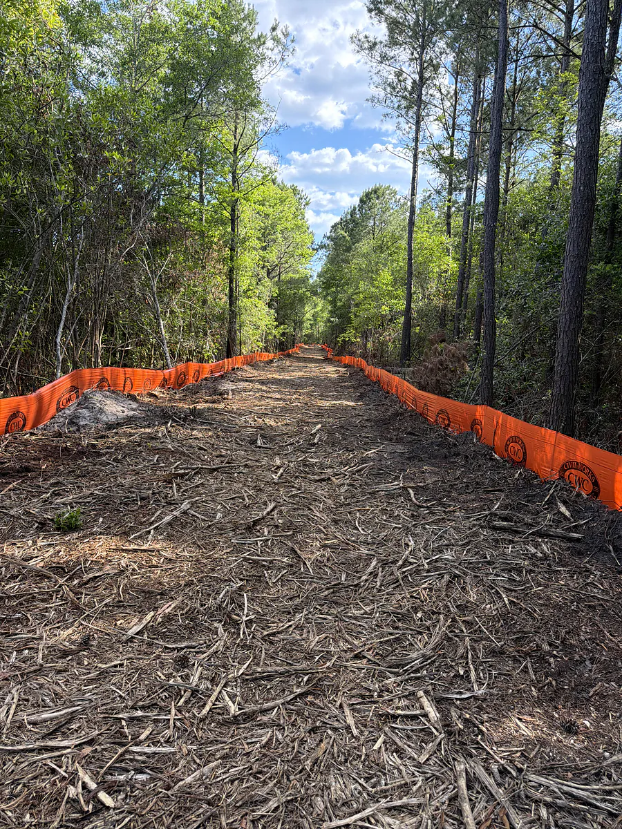 Orange safety fence staked around protected trees before clearing