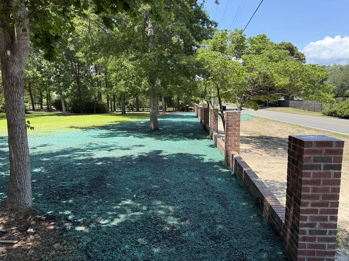 Fresh hydroseed along a brick perimeter wall streetscape